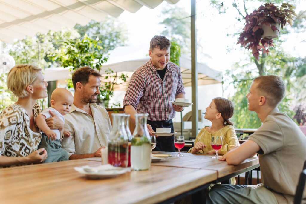 A happy family at a restaurant