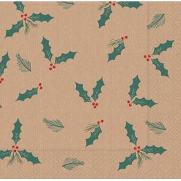 33cm Swantex 2Ply Kraft Jolly Holly Paper Napkins X32-KJH