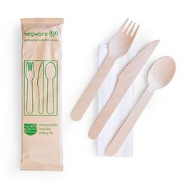 Vegware VT-KFSWN Compostable Wooden Cutlery Pack (Knife, Fork, Napkin &amp; Spoon) alternative