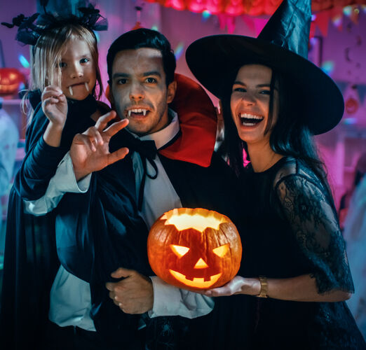 Halloween,Costume,Party:,Father,Count,Dracula,Holds,Little,Bat,Girl