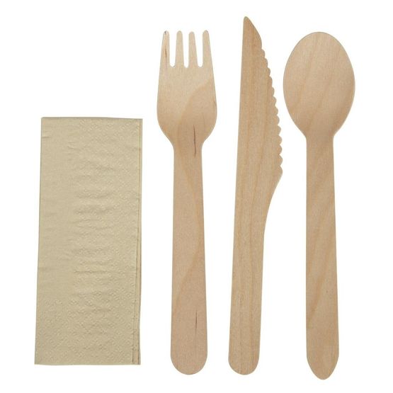 eGreen Individually Kraft Wrapped 4-in-1 Wooden Cutlery Set