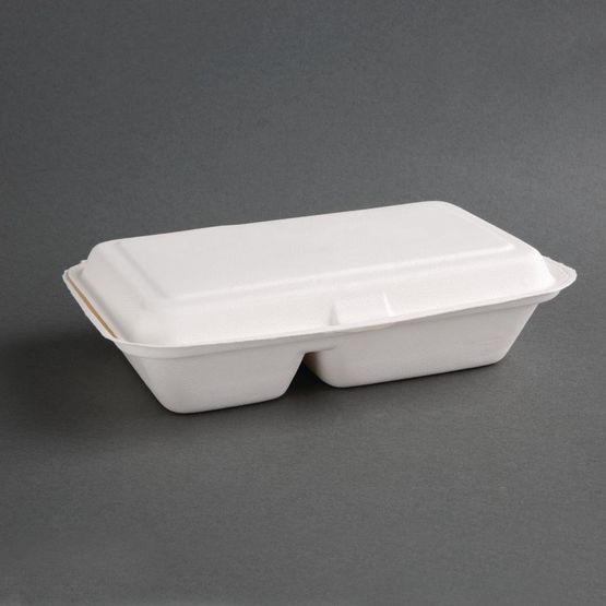 Fiesta Compostable Bagasse Hinged 2-Compartment Food Containers 253mm