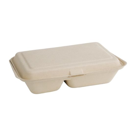 Fiesta Compostable Bagasse Two-Compartment Hinged Food Containers Natural Colour 253mm