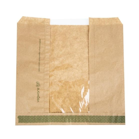 Vegware VNWB8.5 Compostable Kraft Sandwich Bags with NatureFlex Window Small