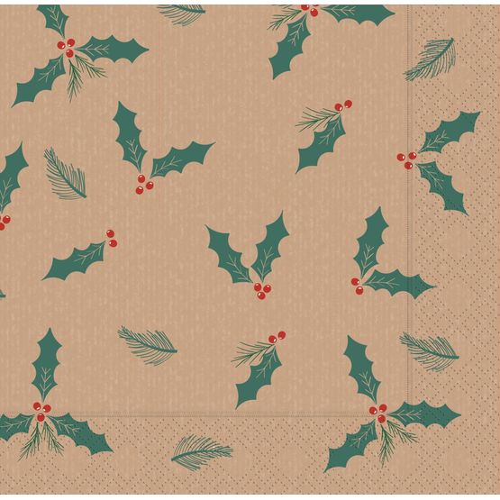 33cm Swantex 2Ply Kraft Jolly Holly Paper Napkins X32-KJH