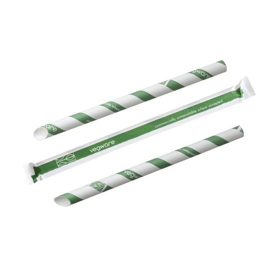 Vegware PS12-GSW Bubble Tea Green Stripe 12mm Wrapped Paper Straw