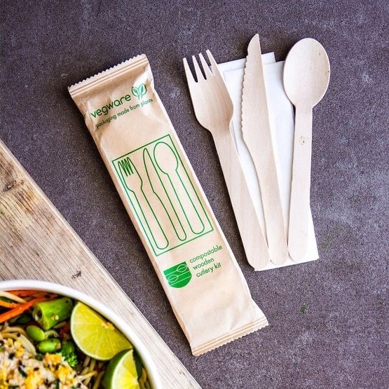 Vegware VT-KFSWN Compostable Wooden Cutlery Pack (Knife, Fork, Napkin &amp; Spoon)