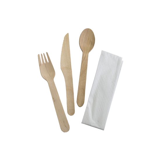 Compostable Wooden Cutlery Pack (Knife, Fork, Napkin &amp; Spoon)